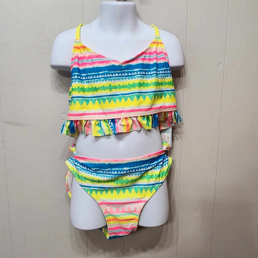 NWT Cat & Jack Bikini Large 10 - 12 Colorful Striped Tankini Swimsuit Beach C379